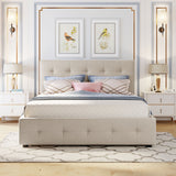 Queen Upholstered Platform Bed Frame with 2 Drawers, Twin XL Trundle & Soft Padded Headboard, Dark Beige