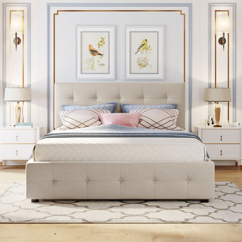Queen Upholstered Platform Bed Frame with 2 Drawers, Twin XL Trundle & Soft Padded Headboard, Dark Beige