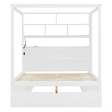 Queen Size Canopy Platform Bed Frame with Bookcase Headboard, LED, USB Ports, Storage Cubbies, Drawer & Reversible Hanging Rack