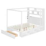 Queen Size Canopy Platform Bed Frame with Bookcase Headboard, LED, USB Ports, Storage Cubbies, Drawer & Reversible Hanging Rack