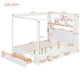 Queen Size Canopy Platform Bed Frame with Bookcase Headboard, LED, USB Ports, Storage Cubbies, Drawer & Reversible Hanging Rack