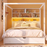 Queen Size Canopy Platform Bed Frame with Bookcase Headboard, LED, USB Ports, Storage Cubbies, Drawer & Reversible Hanging Rack