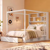 Queen Size Canopy Platform Bed Frame with Bookcase Headboard, LED, USB Ports, Storage Cubbies, Drawer & Reversible Hanging Rack