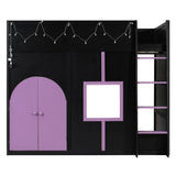 Full Size House Loft Bed with Light Strip and Private Space with Doors&Window for Kids&Teens, Black