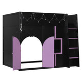 Full Size House Loft Bed with Light Strip and Private Space with Doors&Window for Kids&Teens, Black