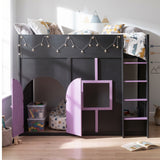 Full Size House Loft Bed with Light Strip and Private Space with Doors&Window for Kids&Teens, Black