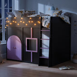Full Size House Loft Bed with Light Strip and Private Space with Doors&Window for Kids&Teens, Black