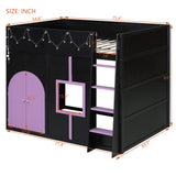 Full Size House Loft Bed with Light Strip and Private Space with Doors&Window for Kids&Teens, Black