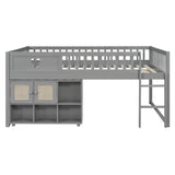 Queen Low Loft Bed for Kids with Storage Shelf & Rattan Cabinet, Cute Wood Storage Platform Bed Frame, Gray