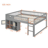 Queen Low Loft Bed for Kids with Storage Shelf & Rattan Cabinet, Cute Wood Storage Platform Bed Frame, Gray