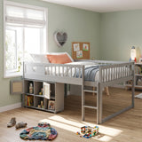Queen Low Loft Bed for Kids with Storage Shelf & Rattan Cabinet, Cute Wood Storage Platform Bed Frame, Gray