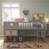 Queen Low Loft Bed for Kids with Storage Shelf & Rattan Cabinet, Cute Wood Storage Platform Bed Frame, Gray