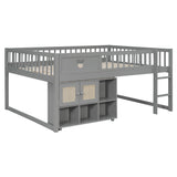 Queen Low Loft Bed for Kids with Storage Shelf & Rattan Cabinet, Cute Wood Storage Platform Bed Frame, Gray