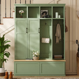 Modern Farmhouse Hall Tree Mudroom Coat Rack, Entryway Storage Bench with 4 Hidden Cabinets & Open Shelves