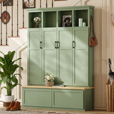 Modern Farmhouse Hall Tree Mudroom Coat Rack, Entryway Storage Bench with 4 Hidden Cabinets & Open Shelves