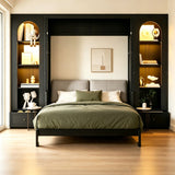 Queen Size Murphy Bed with LED Light, Desk, Double Side Cabinets & Storage Drawers, Space-Saving Wall Bed Folding Bed, Black