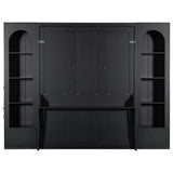 Queen Size Murphy Bed with LED Light, Desk, Double Side Cabinets & Storage Drawers, Space-Saving Wall Bed Folding Bed, Black