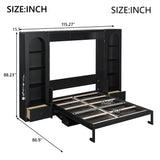 Queen Size Murphy Bed with LED Light, Desk, Double Side Cabinets & Storage Drawers, Space-Saving Wall Bed Folding Bed, Black