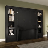 Queen Size Murphy Bed with LED Light, Desk, Double Side Cabinets & Storage Drawers, Space-Saving Wall Bed Folding Bed, Black