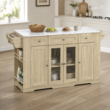 Mobile Kitchen Island with Foldable Marble‑Look Veneer Top, Kitchen Cart with Acrylic Door, Drawers, Spice Rack for Dining Room