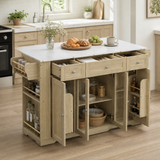 Mobile Kitchen Island with Foldable Marble‑Look Veneer Top, Kitchen Cart with Acrylic Door, Drawers, Spice Rack for Dining Room