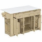 Mobile Kitchen Island with Foldable Marble‑Look Veneer Top, Kitchen Cart with Acrylic Door, Drawers, Spice Rack for Dining Room