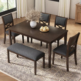6-Piece Dining Set, Wood Kitchen Table Set with 4 Upholstered Chairs & 1 Bench, Solid Rubberwood Legs for Dining Room