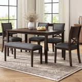 6-Piece Dining Set, Wood Kitchen Table Set with 4 Upholstered Chairs & 1 Bench, Solid Rubberwood Legs for Dining Room