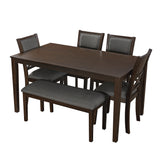 6-Piece Dining Set, Wood Kitchen Table Set with 4 Upholstered Chairs & 1 Bench, Solid Rubberwood Legs for Dining Room