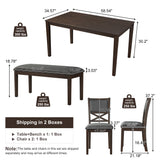 6-Piece Dining Set, Wood Kitchen Table Set with 4 Upholstered Chairs & 1 Bench, Solid Rubberwood Legs for Dining Room