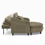 Adjustable Back Chaise Lounge Upholstered 2-Seat Sofa Sleeper Sofa Bed with Storage Ottoman, 2 Throw Pillows, USB Port & Side Pocket, Brown