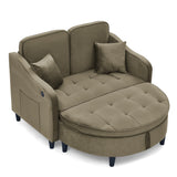 Adjustable Back Chaise Lounge Upholstered 2-Seat Sofa Sleeper Sofa Bed with Storage Ottoman, 2 Throw Pillows, USB Port & Side Pocket, Brown