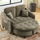Adjustable Back Chaise Lounge Upholstered 2-Seat Sofa Sleeper Sofa Bed with Storage Ottoman, 2 Throw Pillows, USB Port & Side Pocket, Brown