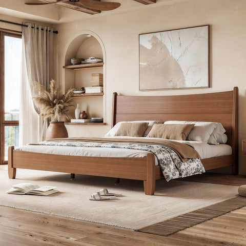 Solid Bamboo Platform Bed Frame with Curved Headboard, King Size Mid-Century Modern Bed Frame