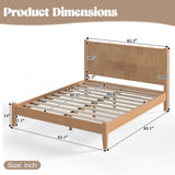 Solid Bamboo Platform Bed Frame with Woven Grid Headboard, Queen Size Minimalist Wooden Bed Frame
