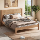 Solid Bamboo Platform Bed Frame with Woven Grid Headboard, Queen Size Minimalist Wooden Bed Frame