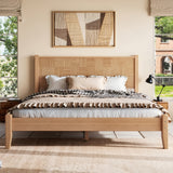 Solid Bamboo Platform Bed Frame with Woven Grid Headboard, Queen Size Minimalist Wooden Bed Frame