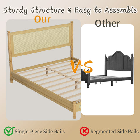Queen Size Platform Bed with Rattan Headboard, Footboard, Turned Legs & Hidden Hardware Design Boho Vintage Cane Bed, Natural