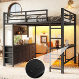 Full Size Loft Bed with Mirror, Dresser, Led Light, USB Port, Multi-Functional Sturdy Loft Bed, Black