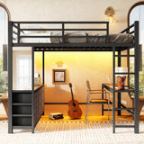 Full Size Loft Bed with Mirror, Dresser, Led Light, USB Port, Multi-Functional Sturdy Loft Bed, Black