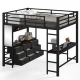 Full Size Loft Bed with Mirror, Dresser, Led Light, USB Port, Multi-Functional Sturdy Loft Bed, Black