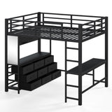 Full Size Loft Bed with Mirror, Dresser, Led Light, USB Port, Multi-Functional Sturdy Loft Bed, Black
