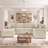 Sectional Sofa U-Shaped 116" Modular Sofa Couch with Storage Chaise, USB Ports & 3 Decor Pillows, Beige