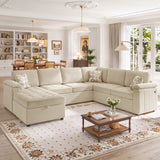 Sectional Sofa U-Shaped 116" Modular Sofa Couch with Storage Chaise, USB Ports & 3 Decor Pillows, Beige