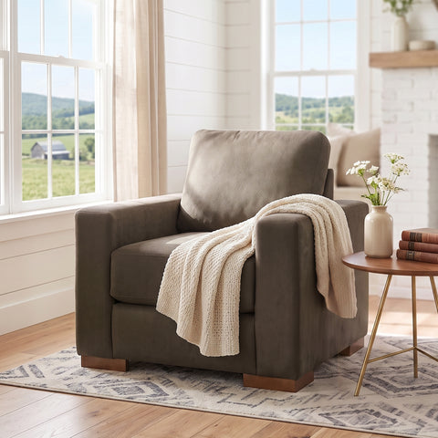 Square Accent Chair Upholstered Club Chair Single Sofa Chair Ergonomic Reading Chair Armchair with Rubber Wood Base & Block Style, Brown