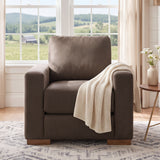 Square Accent Chair Upholstered Club Chair Single Sofa Chair Ergonomic Reading Chair Armchair with Rubber Wood Base & Block Style, Brown
