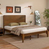 King Size Bed with Tall Headboard, Farmhouse Pinewood Platform Bed with Strengthened Frame, Walnut