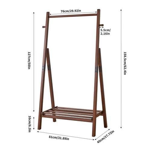 Wood Freestanding Clothes Rack, A‑Shaped Garment Hanger Stand with Bottom Shelf & Side Hooks for Bedroom, Hallway