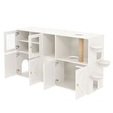Cat Litter Box Enclosure Cat House with Scratching Post, LED Light, Hooks & Charging Ports, TV Stand Storage Cabinet Sideboard, White