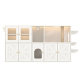 Cat Litter Box Enclosure Cat House with Scratching Post, LED Light, Hooks & Charging Ports, TV Stand Storage Cabinet Sideboard, White